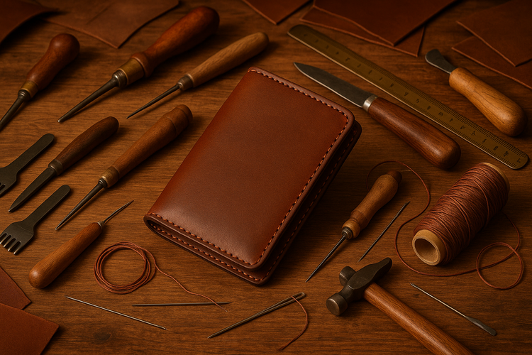 a leather wallet on a table with leather wallet making tools